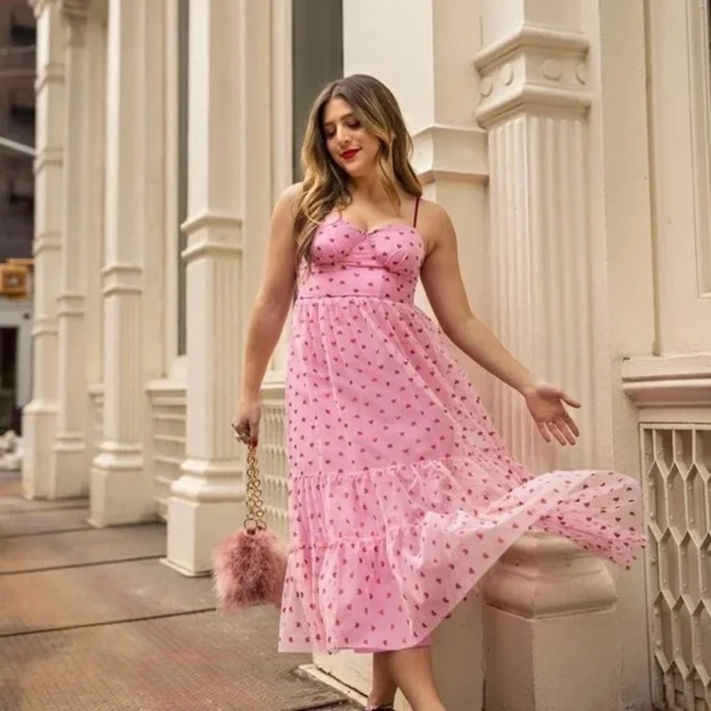 SOLD: Betsey Johnson pink midi dress with heart polka dot print